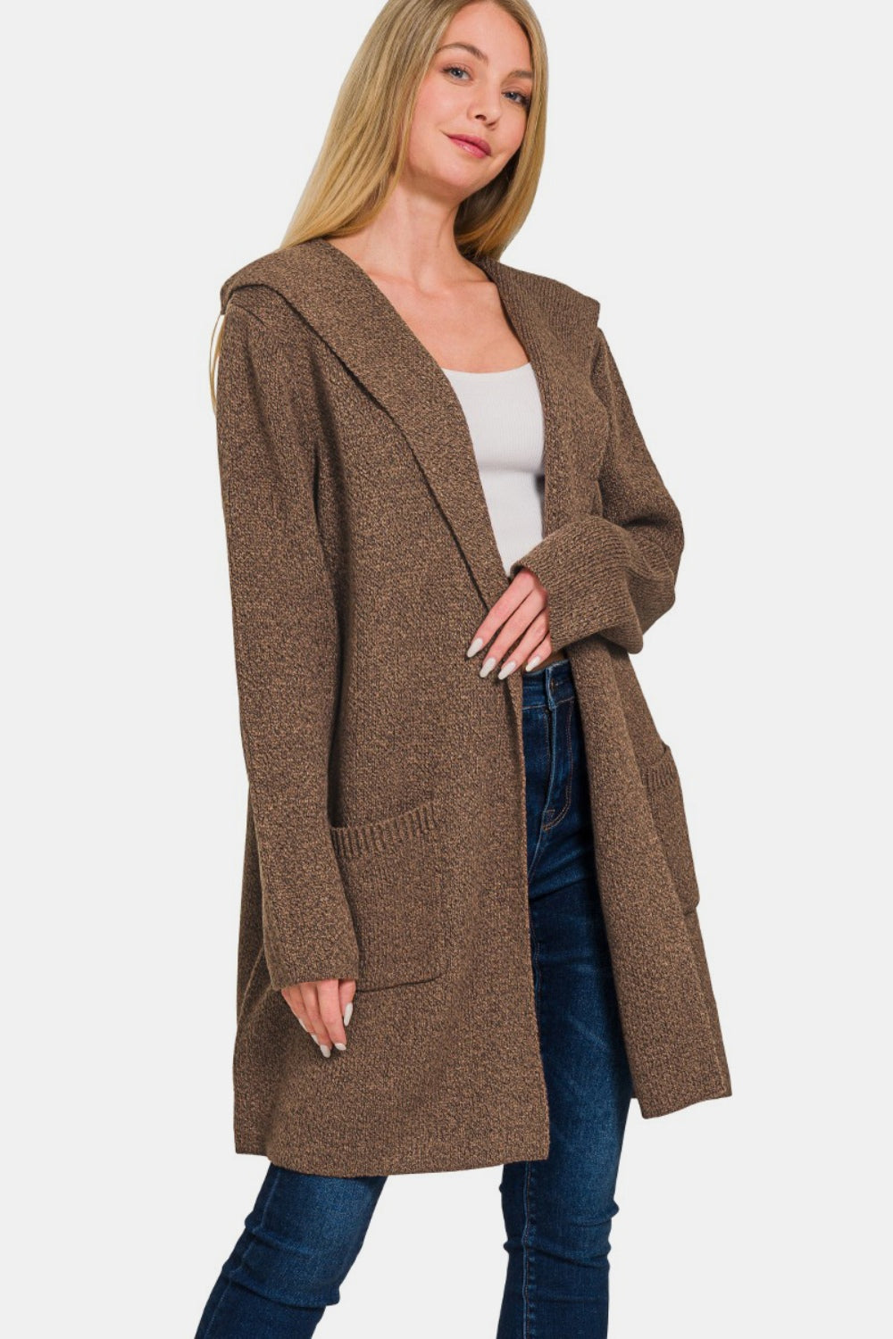 Hooded Open Front Brown Sweater Cardigan - ThingsWeUseAndLove Brown-L