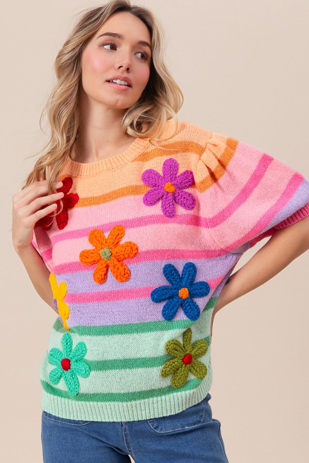 Rainbow & Flowers Puff Sleeve Striped Sweater - ThingsWeUseAndLove 