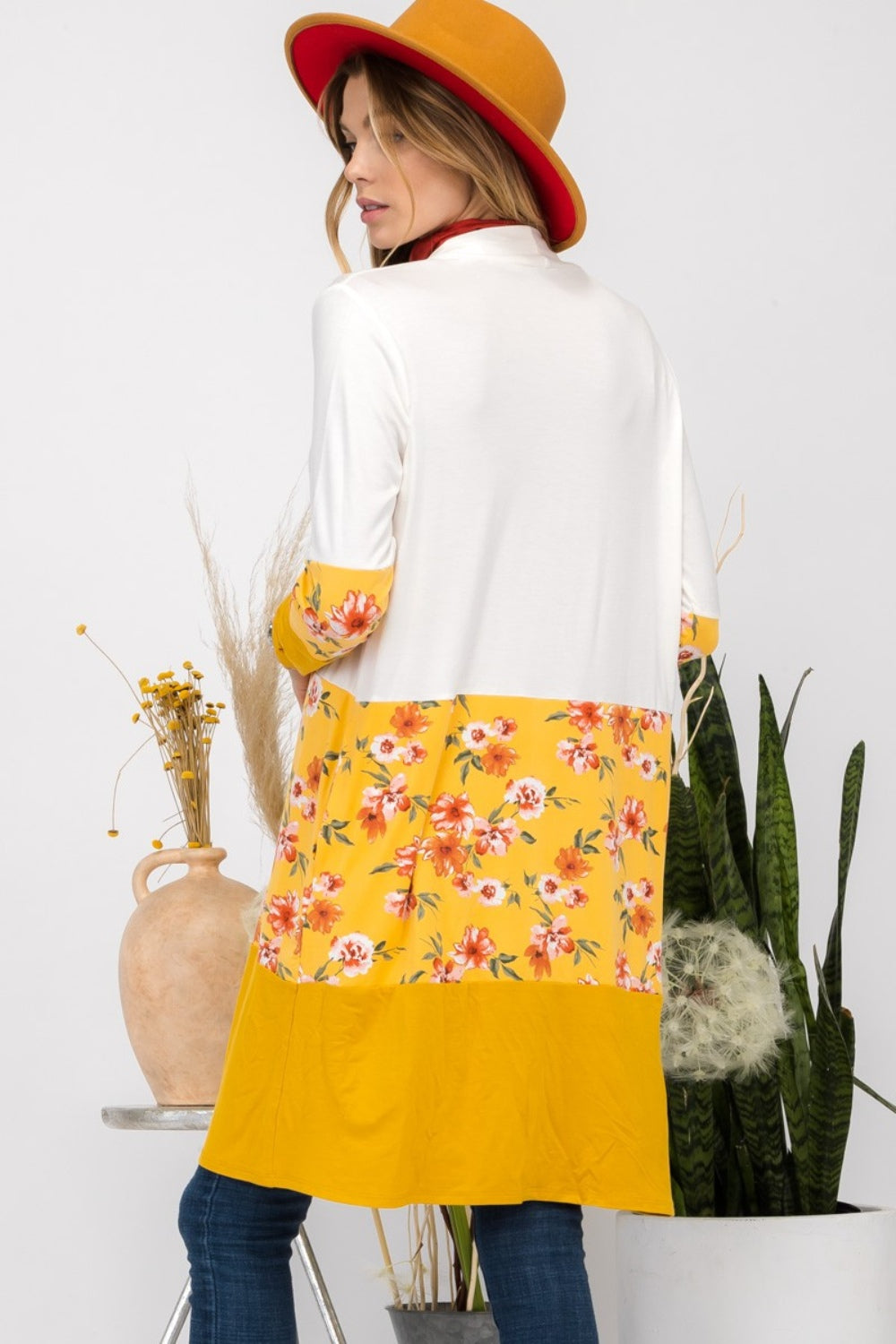 Floral Color Block Ivory/Mustard Open Front Cardigan - ThingsWeUseAndLove 