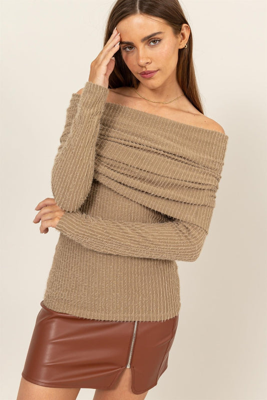 Fuzzy Off shoulder Textured Knit Top - ThingsWeUseAndLove Taupe-L