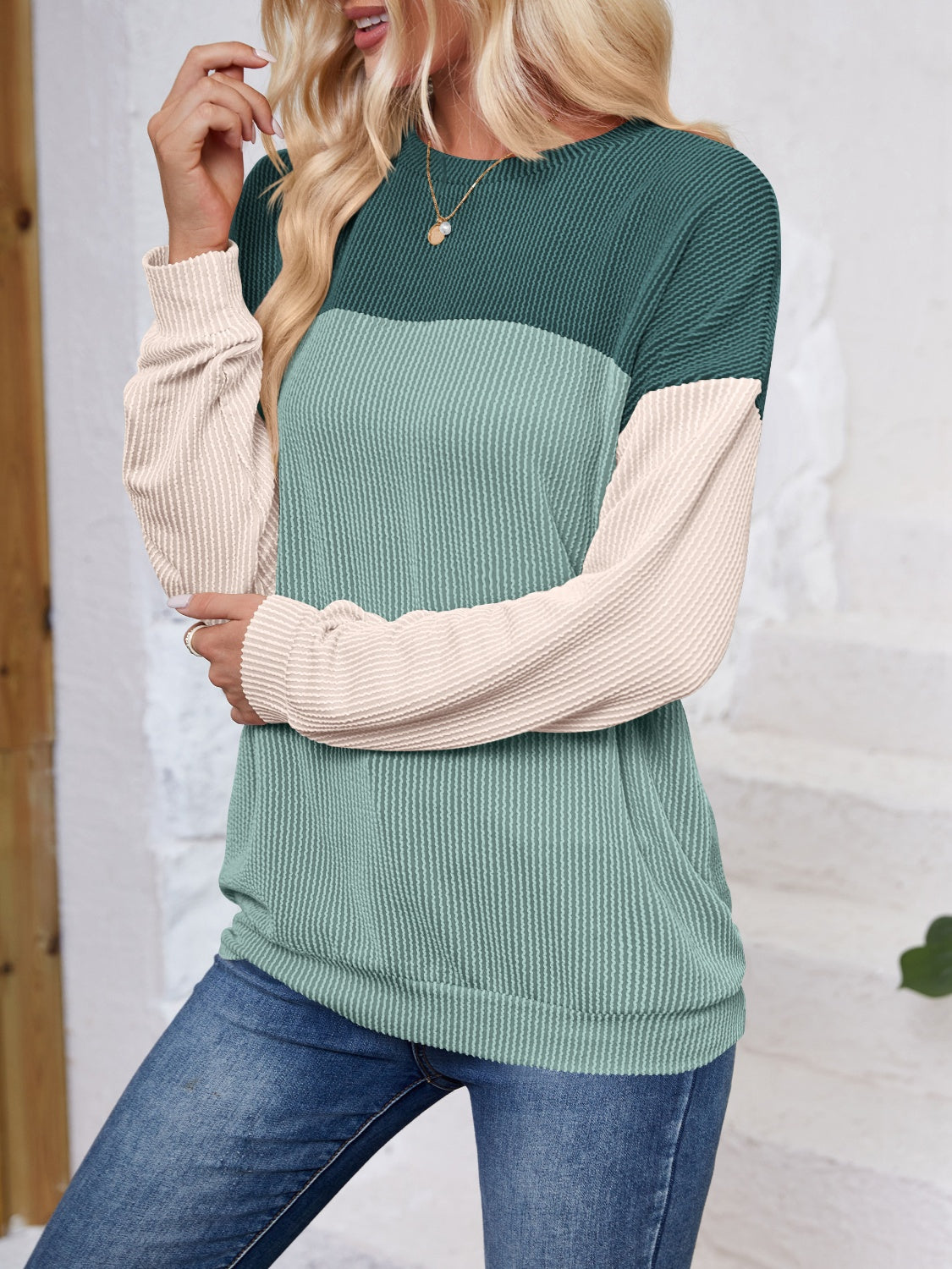 Ursina Color Block Round Neck Long Sleeve Sweatshirt - ThingsWeUseAndLove 