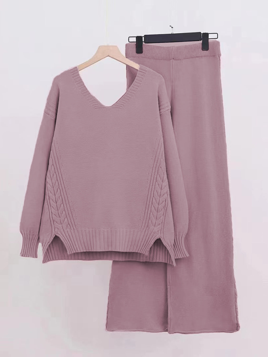 V-Neck Long Sleeve Top and Pants Sweater Set