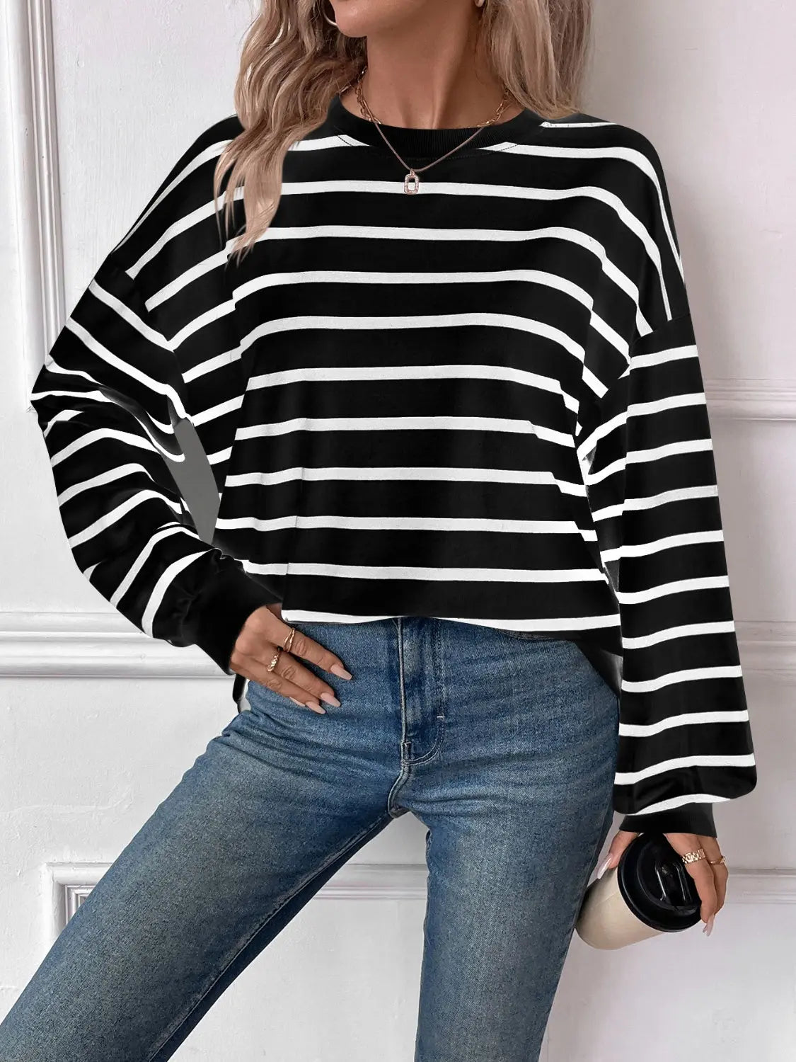 Leslie Striped Round Neck Long Sleeve Sweatshirt - ThingsWeUseAndLove 