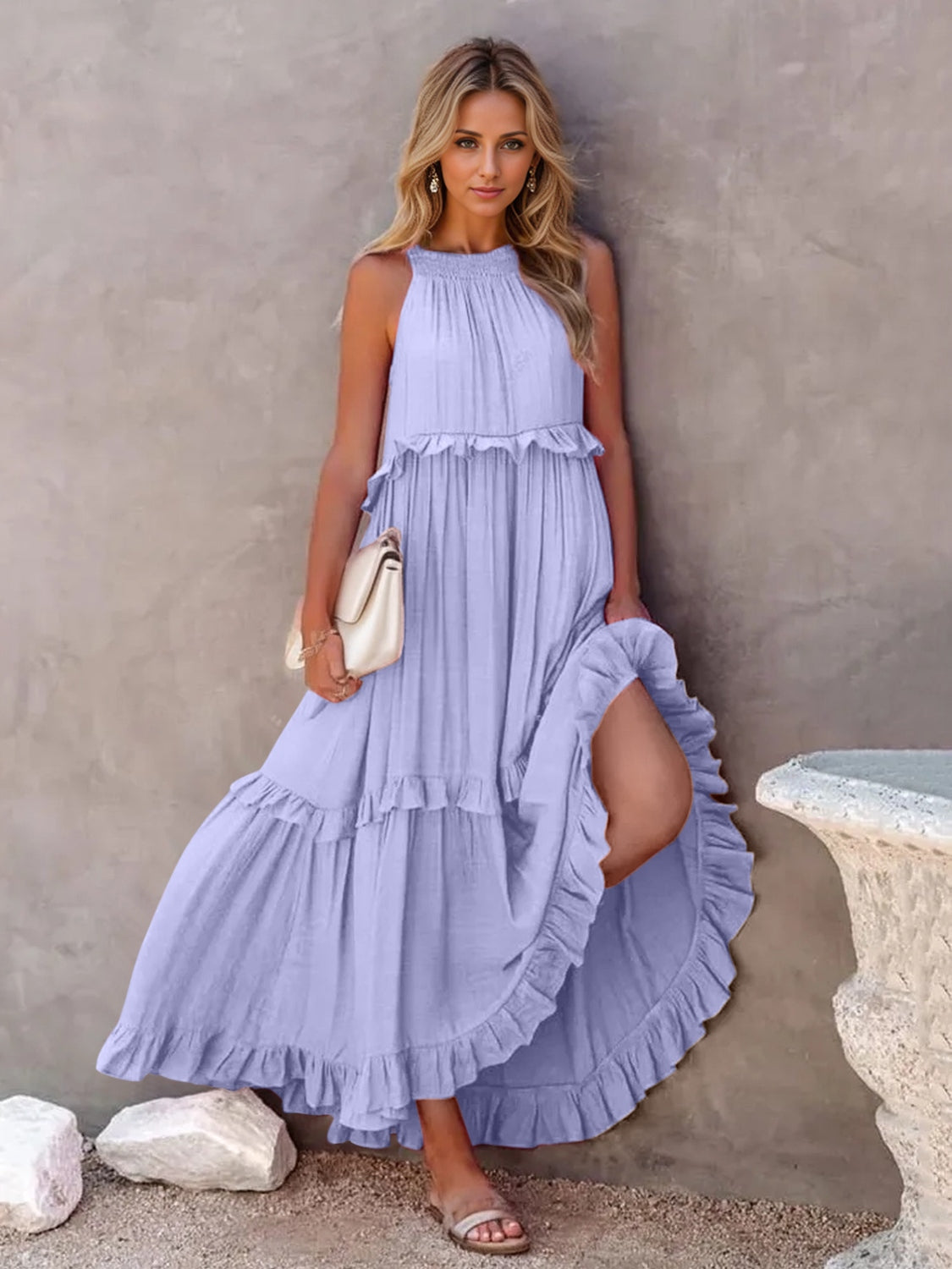 Ruffled Sleeveless Tiered Maxi Dress with Pockets - ThingsWeUseAndLove 