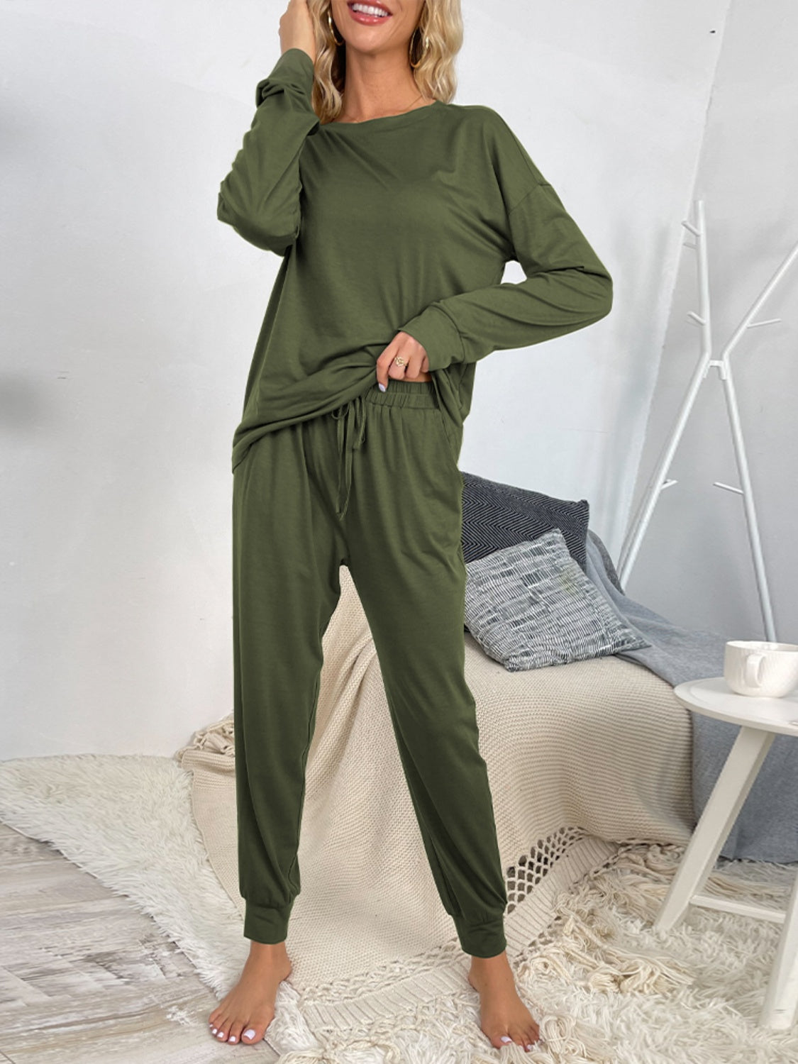 Zya Round Neck Top and Drawstring Pants Lounge Set - ThingsWeUseAndLove Army-Green-XL