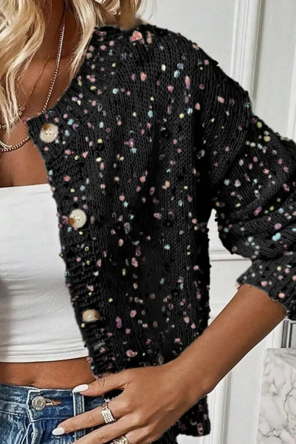 Long Sleeve Confetti Button Up Cardigan - ThingsWeUseAndLove 