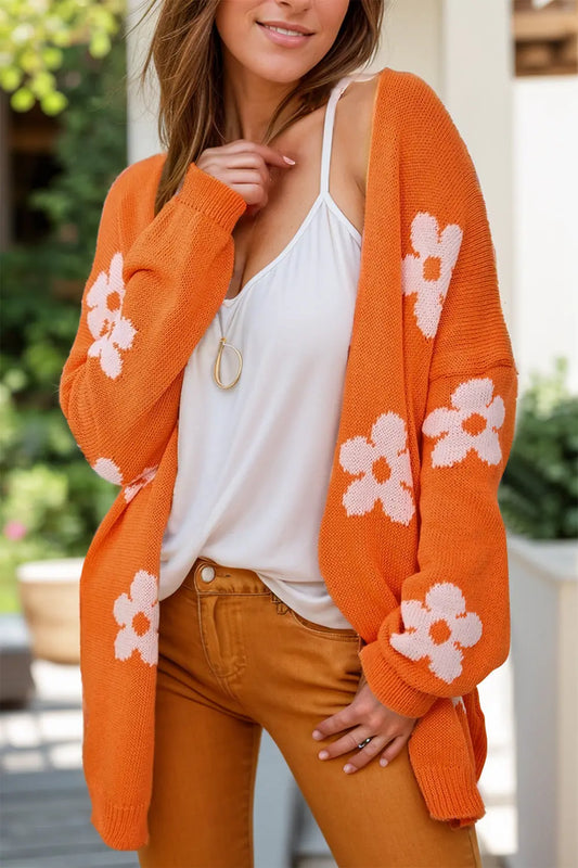 Fallon Flower Open Front Long Sleeve Cardigan - ThingsWeUseAndLove Orange-XL