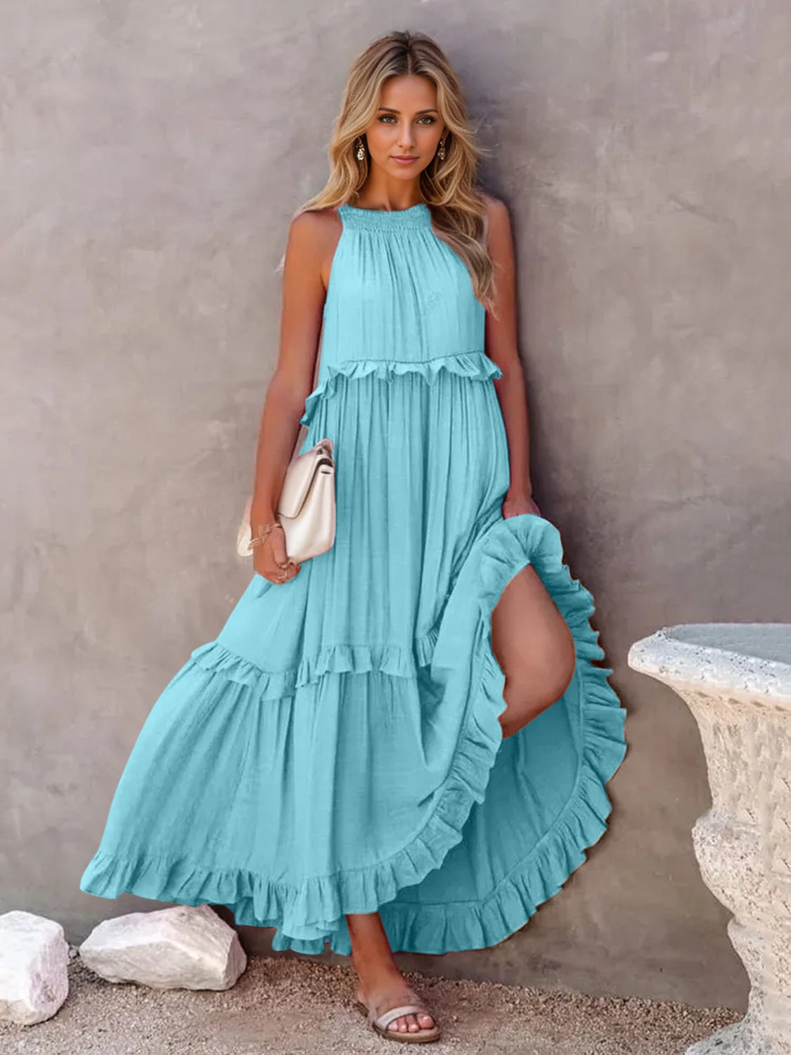 Ruffled Sleeveless Tiered Maxi Dress with Pockets - ThingsWeUseAndLove Sky-Blue-2XL