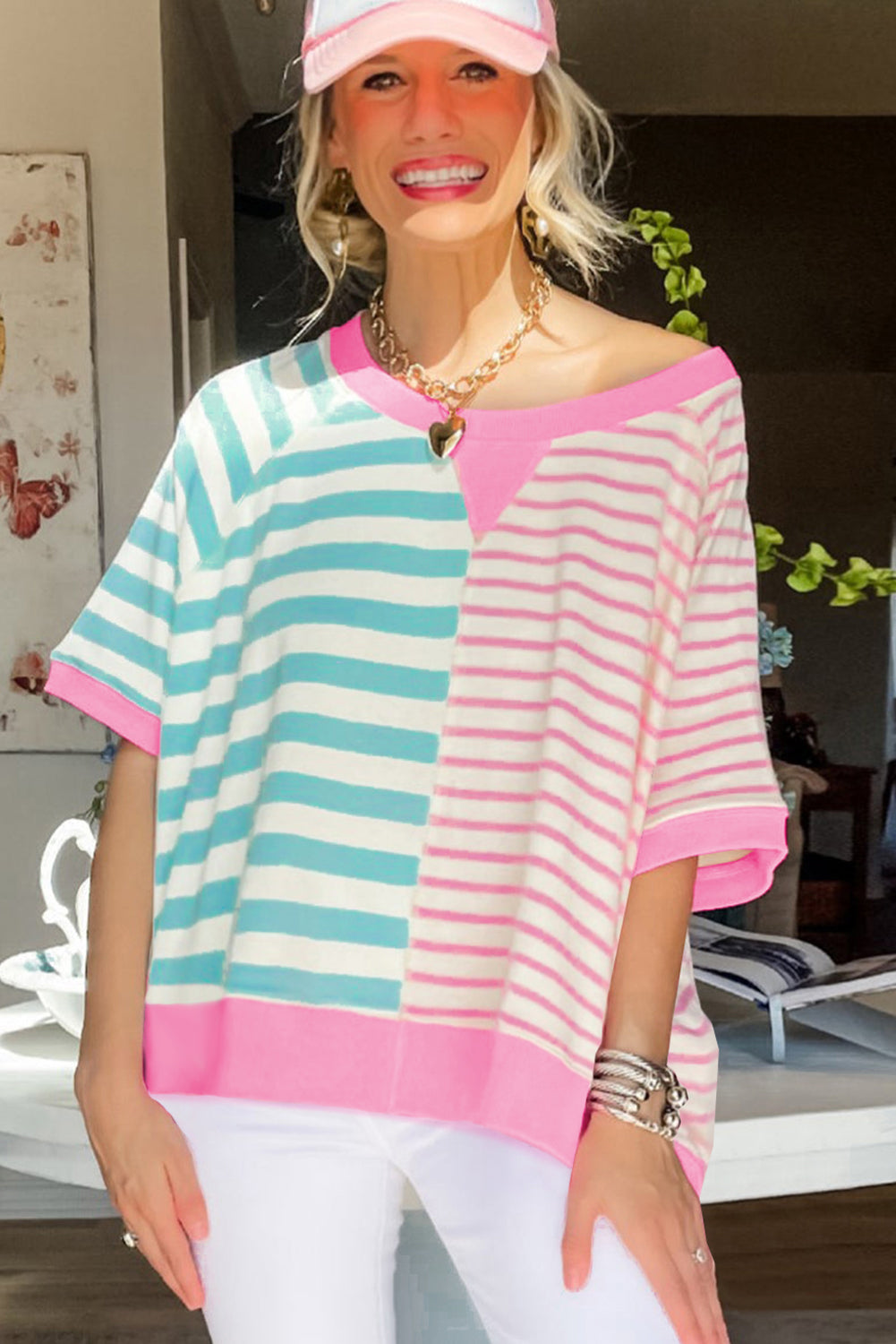 Pink Stripe Contrast Patchwork Oversized T Shirt - ThingsWeUseAndLove 