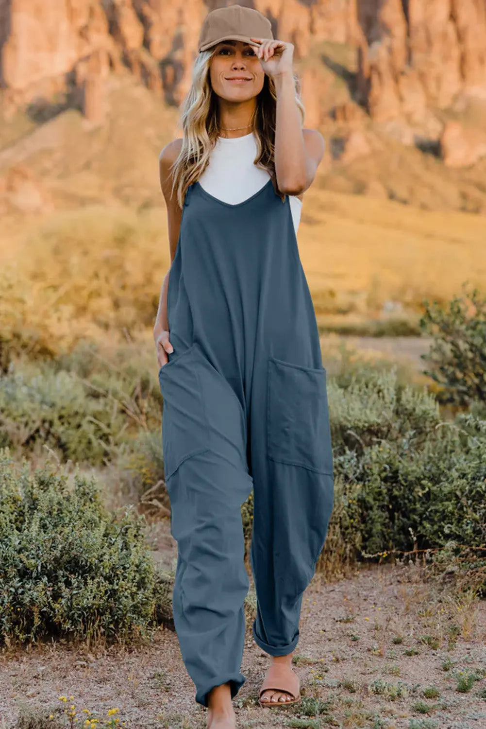 Dakota Size Inclusive V-Neck Sleeveless Jumpsuit with Pockets - ThingsWeUseAndLove Dark-Blue-3XL