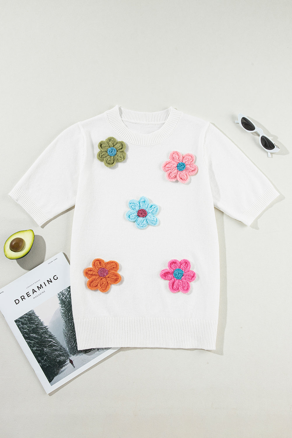 Flower Power Short Sleeve Sweater - ThingsWeUseAndLove White-L