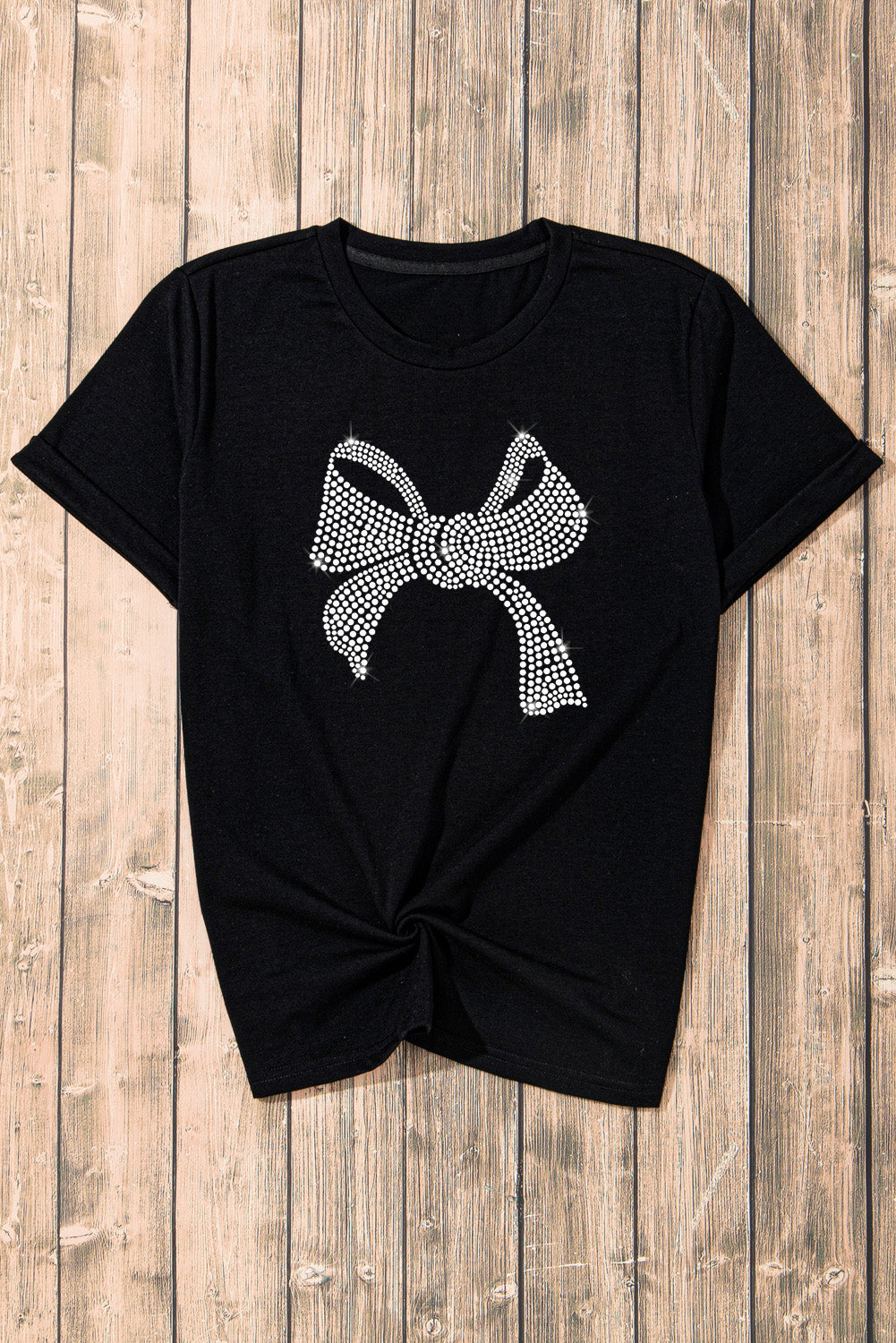 Rhinestone Bow Graphic Round Neck Short Sleeve T-Shirt - ThingsWeUseAndLove 