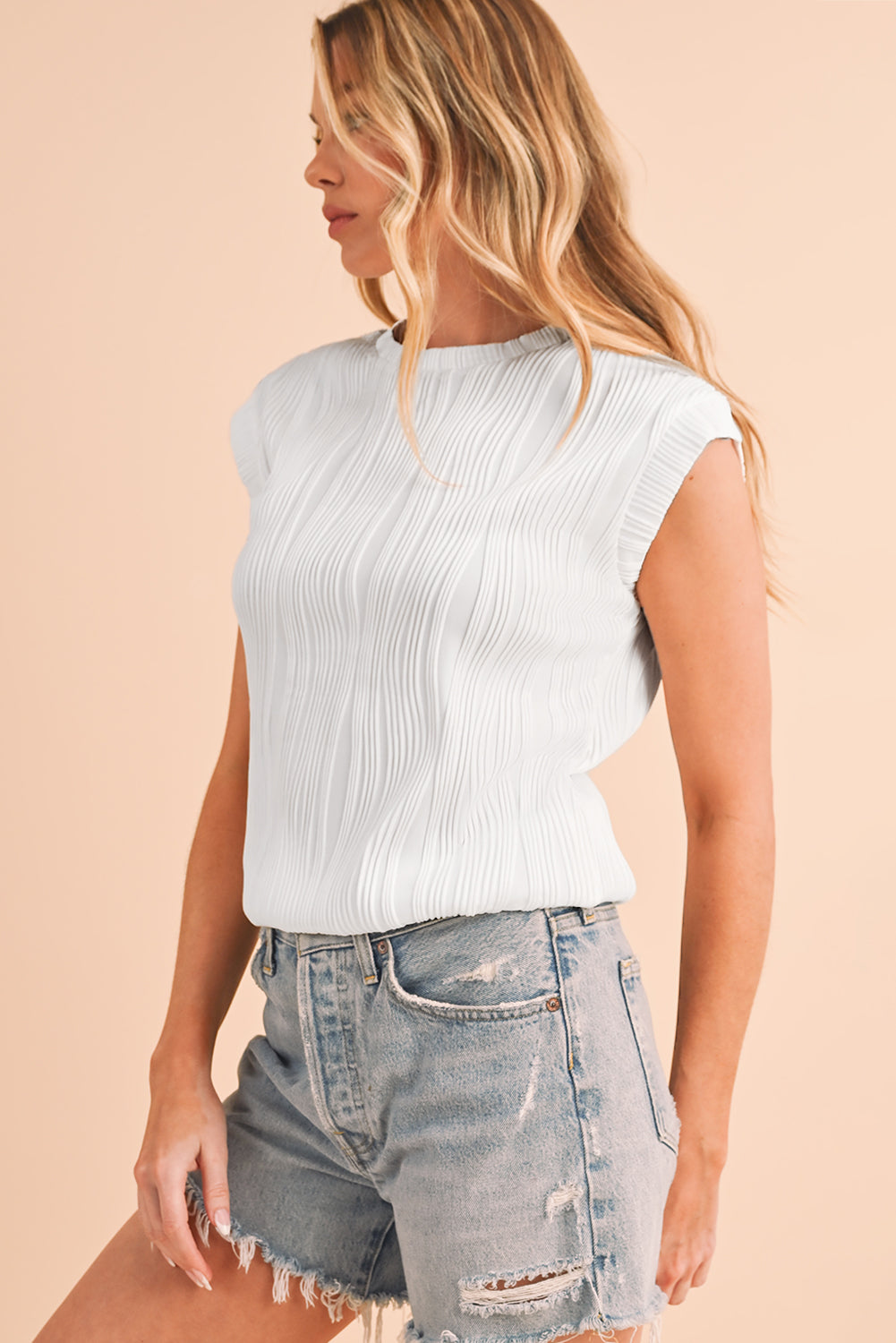 Wavy Textured Cap Sleeve Top - ThingsWeUseAndLove 