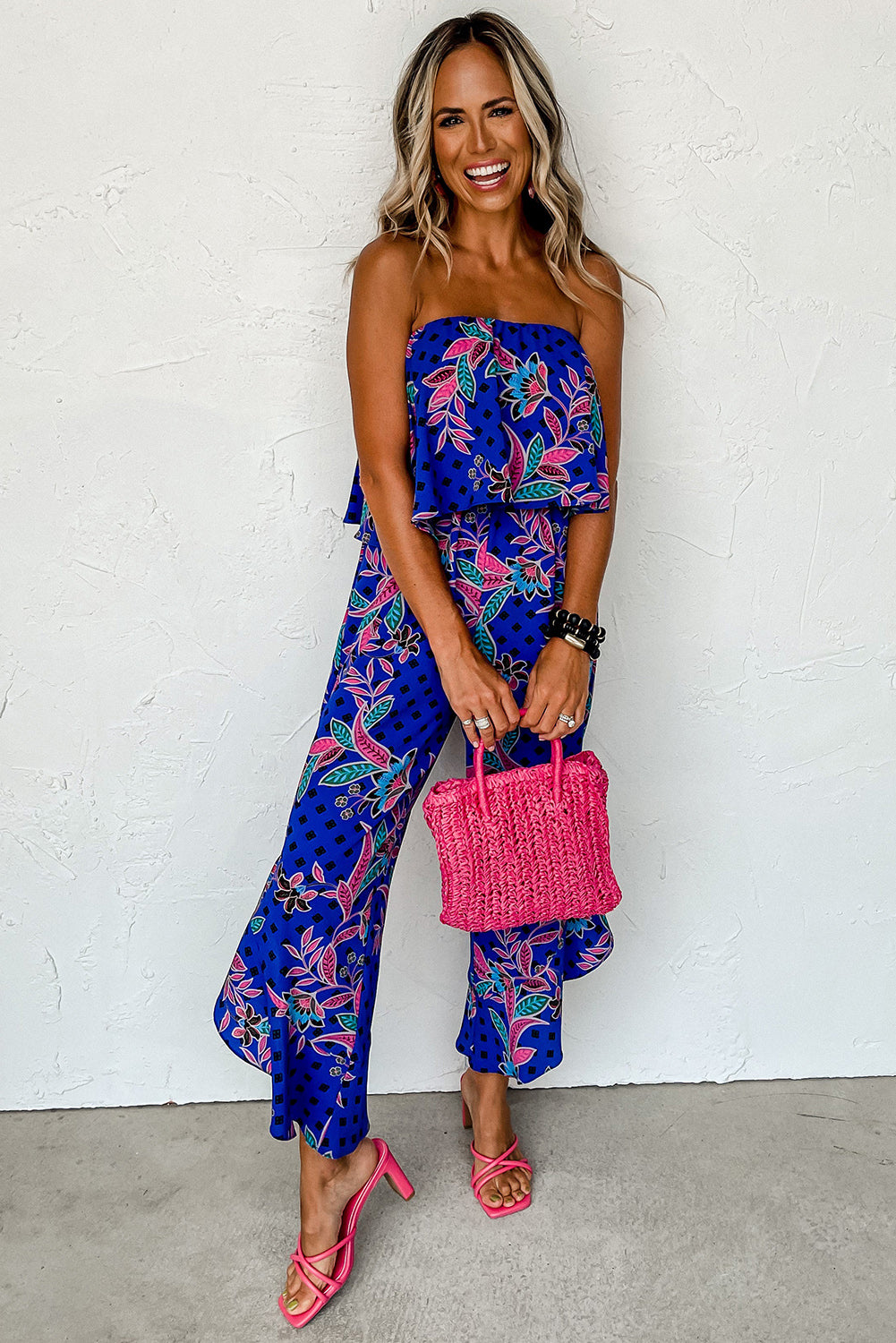 Tropical Print Strapless Ruffle Jumpsuit - ThingsWeUseAndLove 