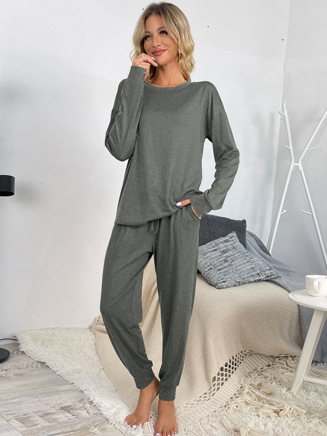 Zya Round Neck Top and Drawstring Pants Lounge Set - ThingsWeUseAndLove 