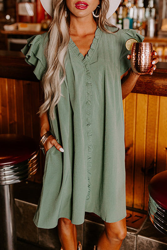 Green - Chic V-Neck Ruffle Sleeve Frilled Shift Dress - Stylish Women's Casual Wear - ThingsWeUseAndLove Mist-Green-XL-100-Polyester