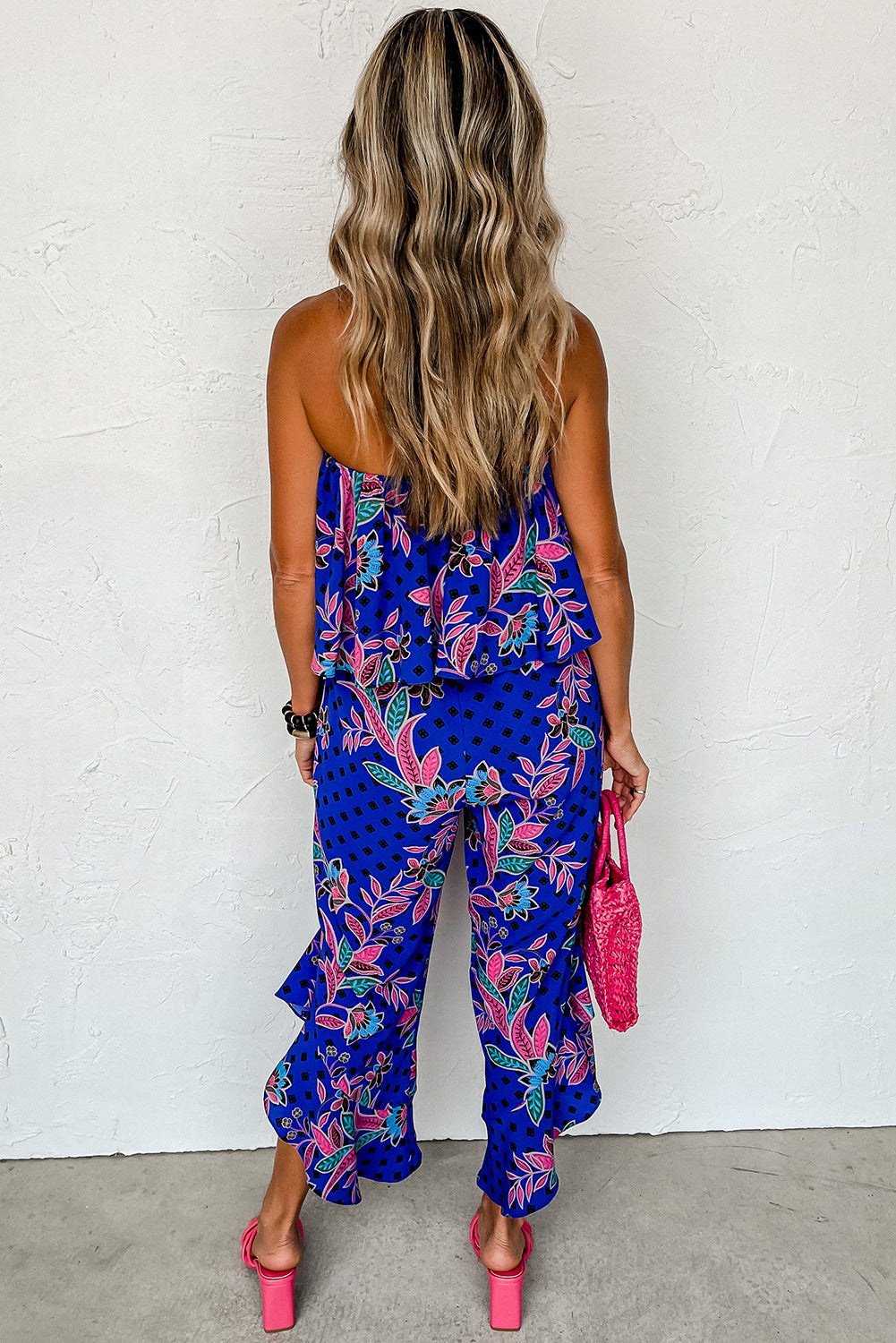 Tropical Print Strapless Ruffle Jumpsuit - ThingsWeUseAndLove 