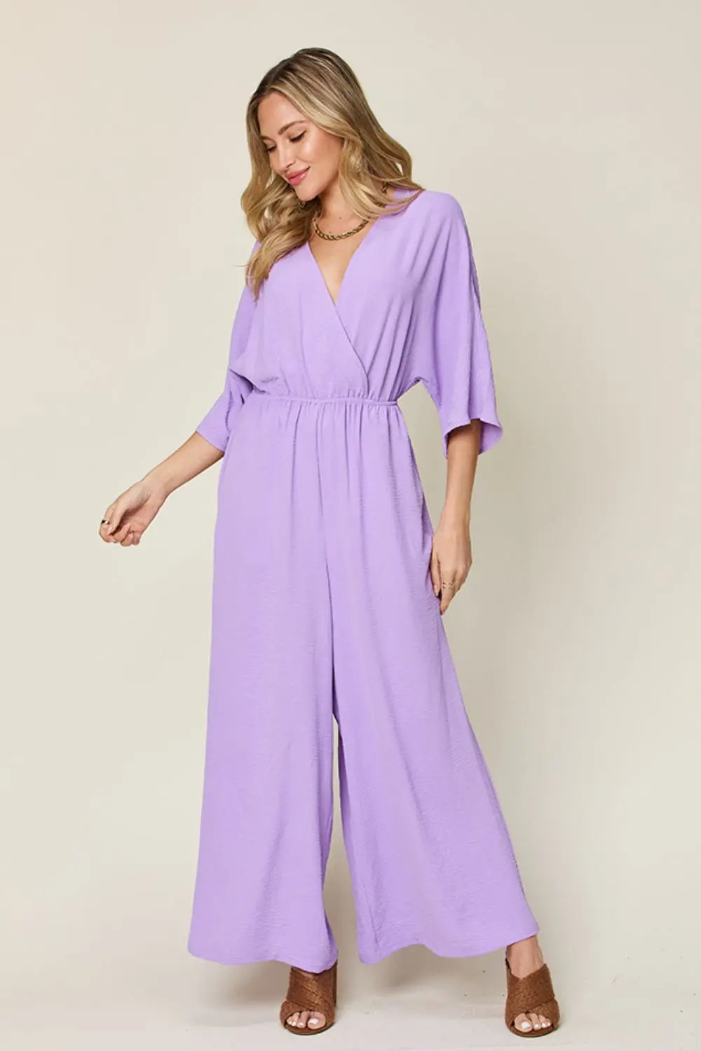 Size Inclusive Surplice Wide Leg Jumpsuit with Pockets - ThingsWeUseAndLove Lavender-3XL