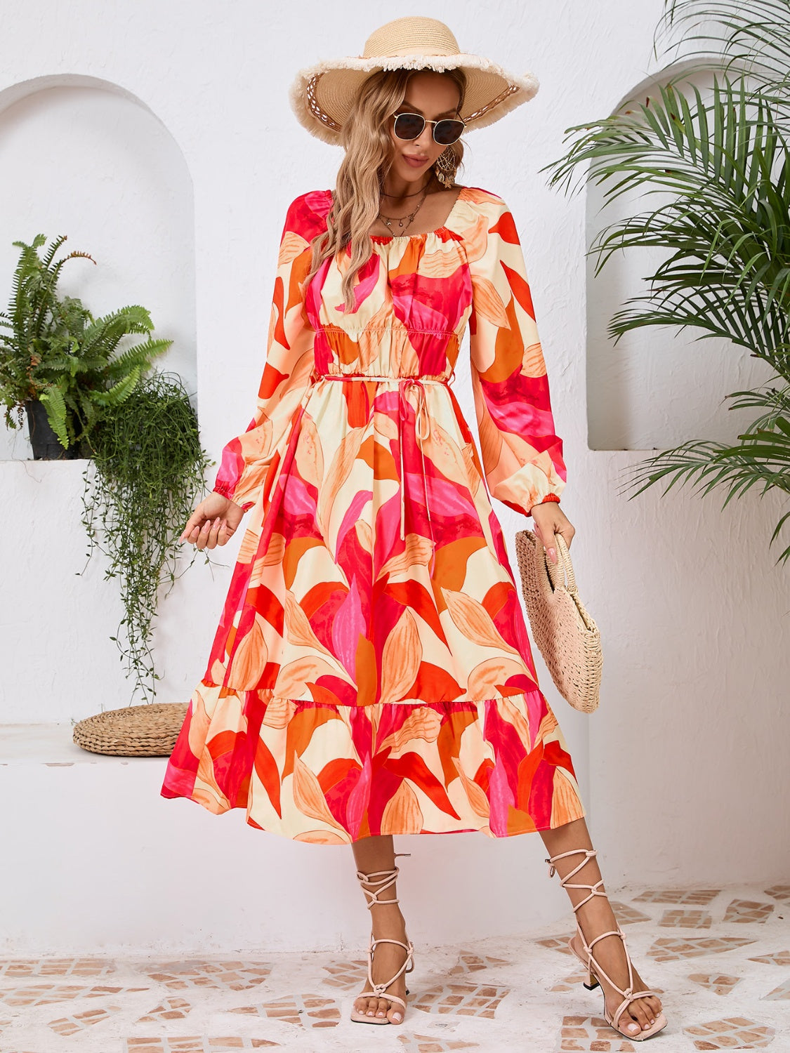 Edite Long Sleeve Printed  Midi Dress - ThingsWeUseAndLove Orange-2XL
