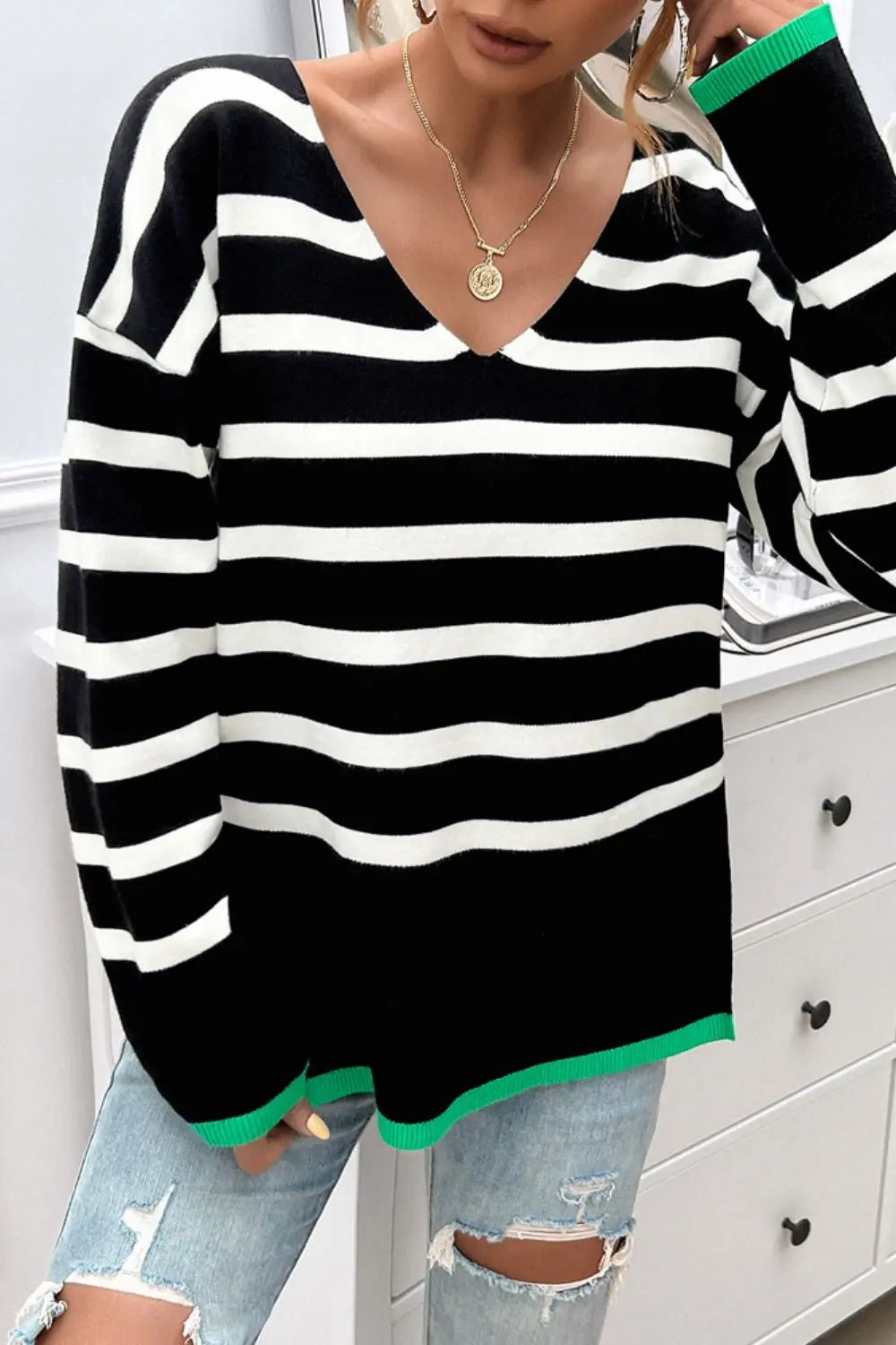 Striped V-Neck Long Sleeve Knit Top - ThingsWeUseAndLove 