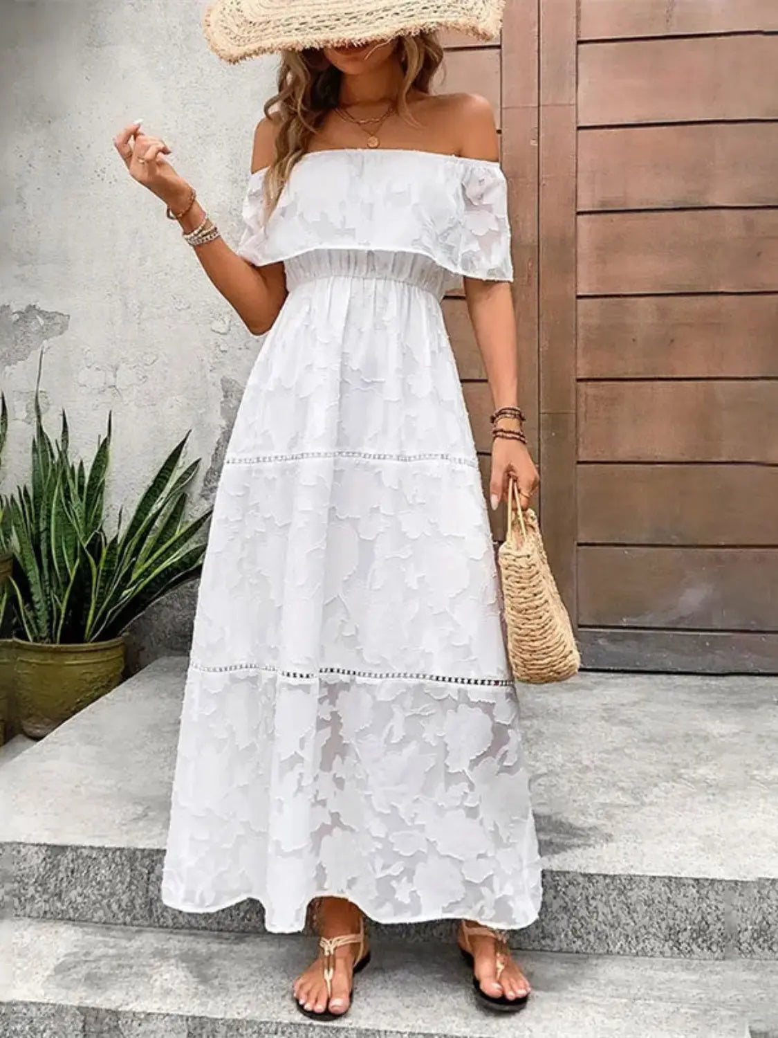 Short Sleeve Off-Shoulder Maxi Dress - ThingsWeUseAndLove White-XL