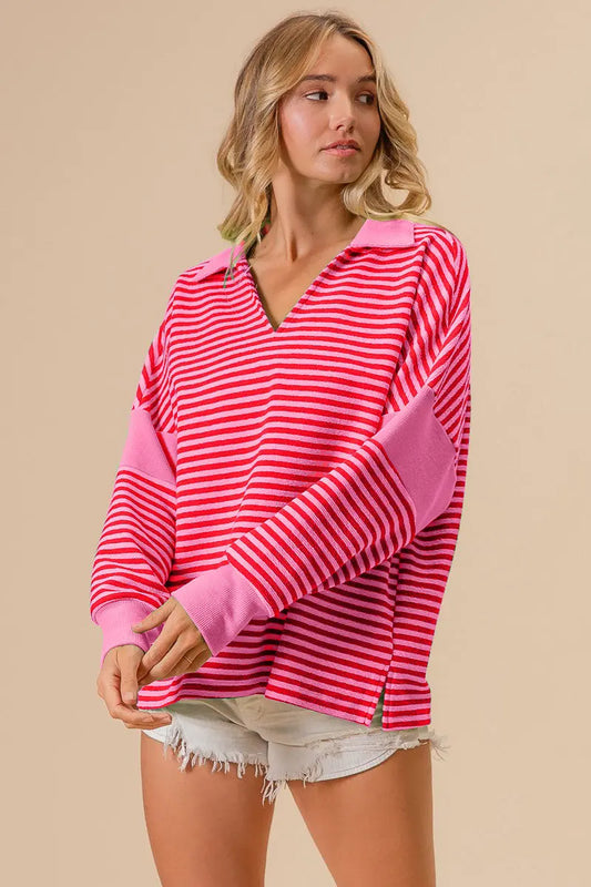 Long Sleeve Striped Contrast Knit Top - ThingsWeUseAndLove 