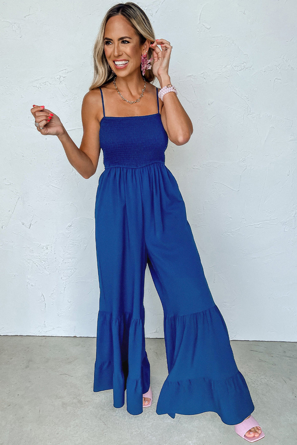 Spaghetti Straps Smocked Ruffled Wide Leg Jumpsuit - ThingsWeUseAndLove 