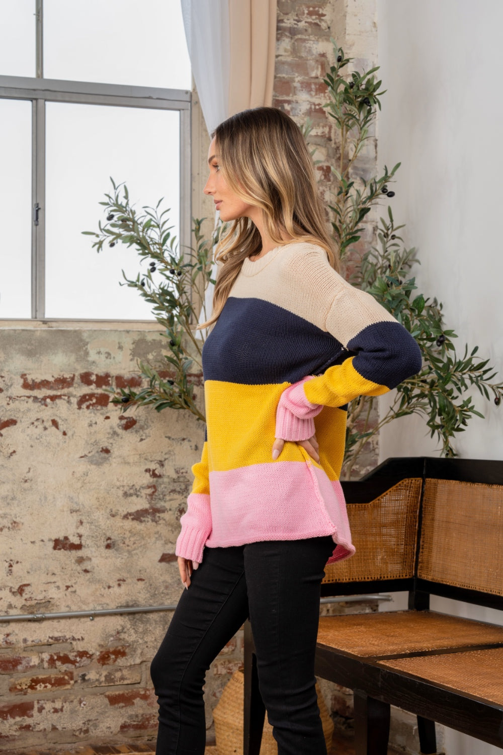 Color Block Exposed Seam Navy/Blush Sweater - ThingsWeUseAndLove 