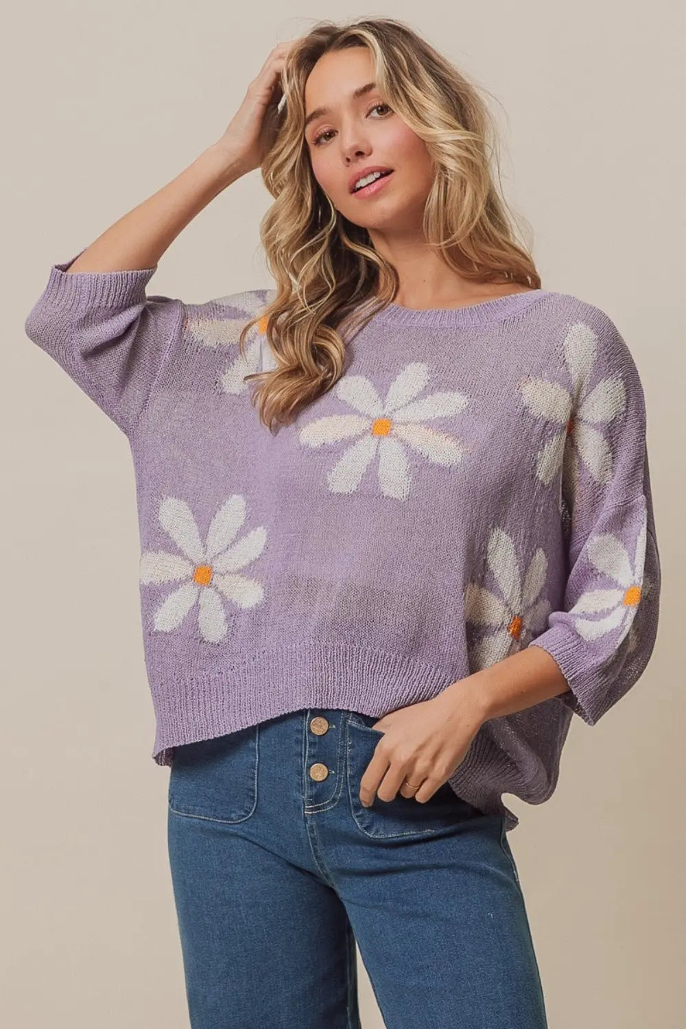 Autumn  Floral Pattern Slit Sweater - ThingsWeUseAndLove Lavender-Ivory-XL