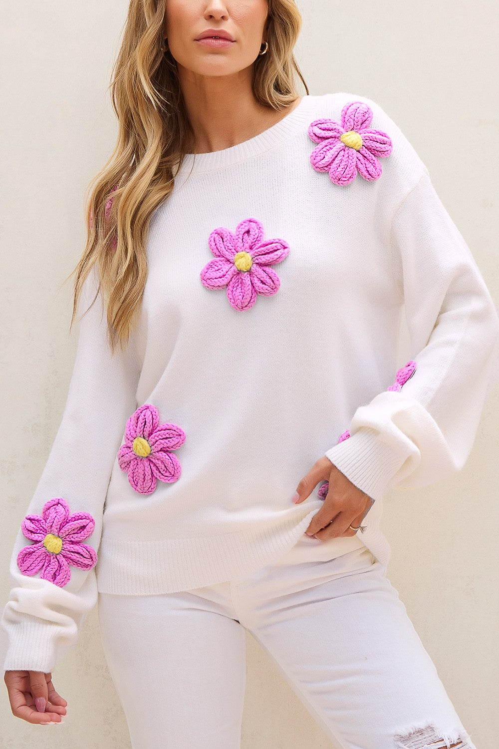 Calla Crochet Flower Round Neck Long Sleeve Sweater - ThingsWeUseAndLove White-XL