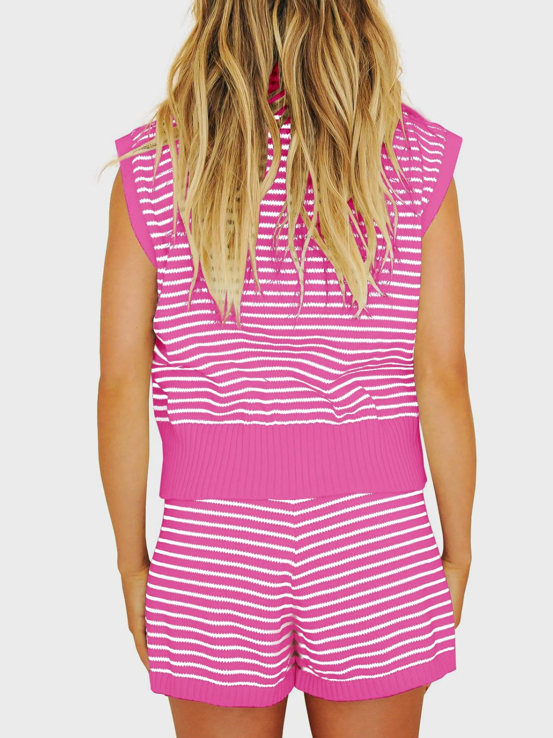 Striped Cap Sleeve Top and Shorts Sweater Set - ThingsWeUseAndLove Hot-Pink-2XL