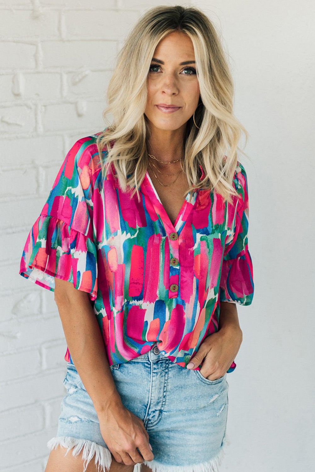 Rose Abstract Brushwork Print Buttoned V Neck Blouse - ThingsWeUseAndLove 