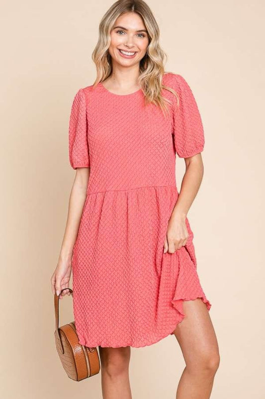 Textured Round Neck Puff Sleeve Dress - ThingsWeUseAndLove New-Coral-Pink-3XL