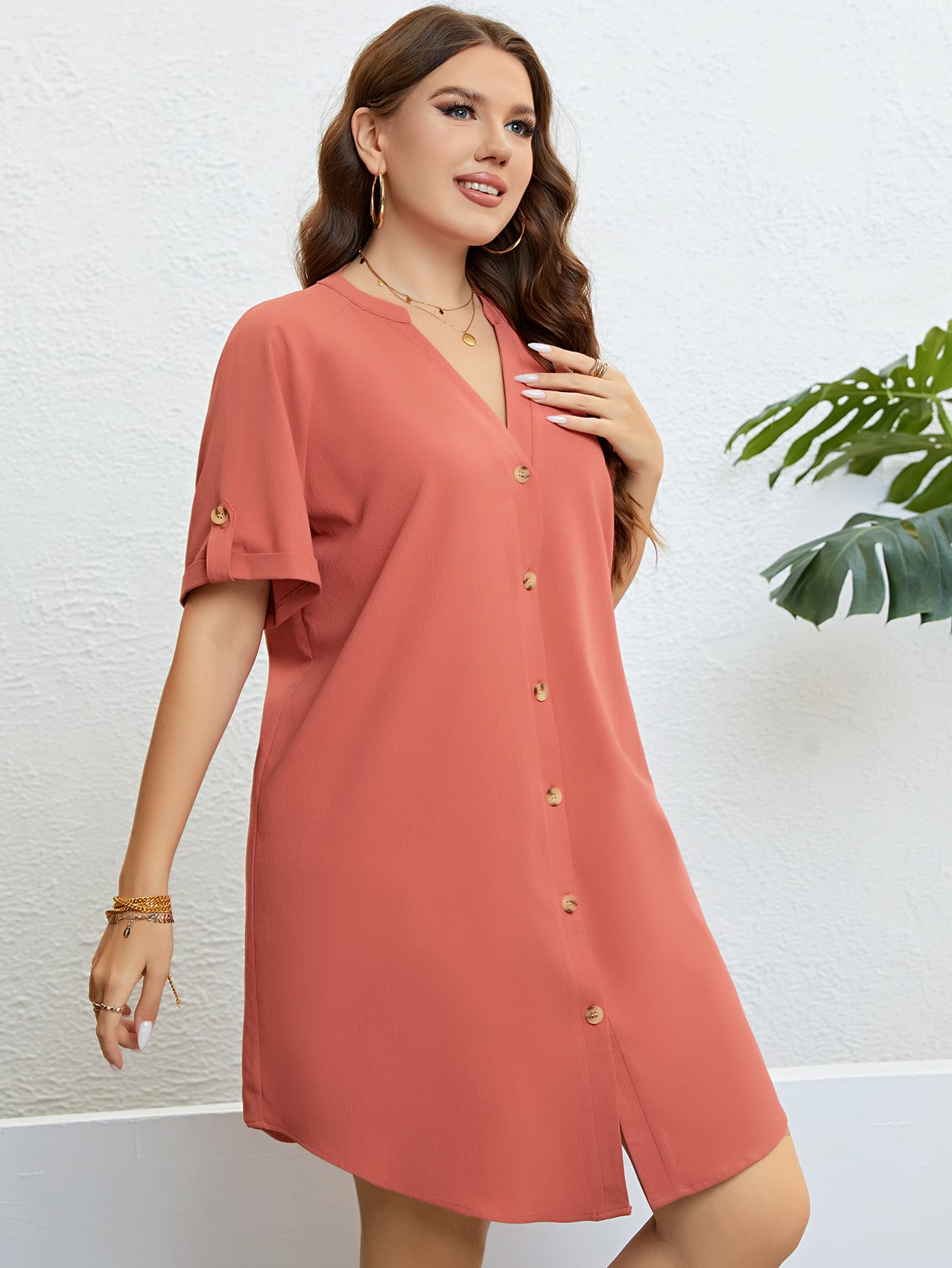 Abigail Size-Inclusive Buttoned Notched Neck Shift Dress - ThingsWeUseAndLove 