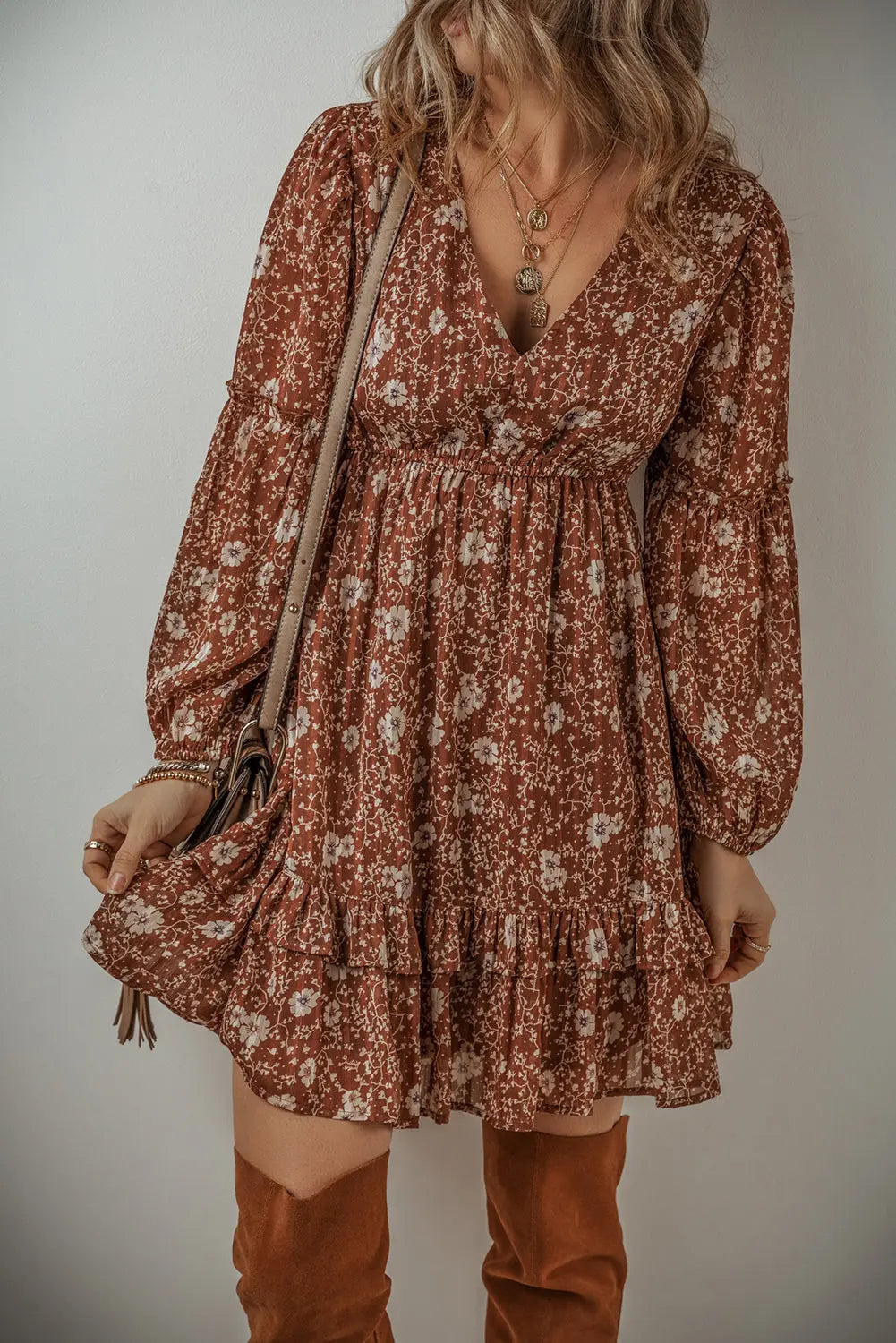 Brown Boho Floral Ruffle Puff Sleeve V Neck Mini Dress - ThingsWeUseAndLove 