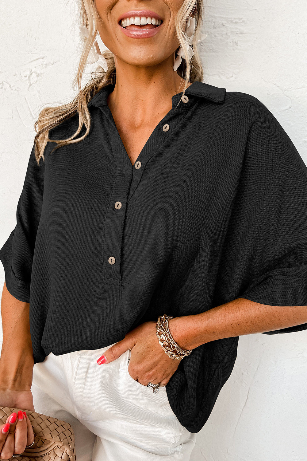 Half Buttoned Dolman Sleeve Oversized Blouse - ThingsWeUseAndLove Black-XL