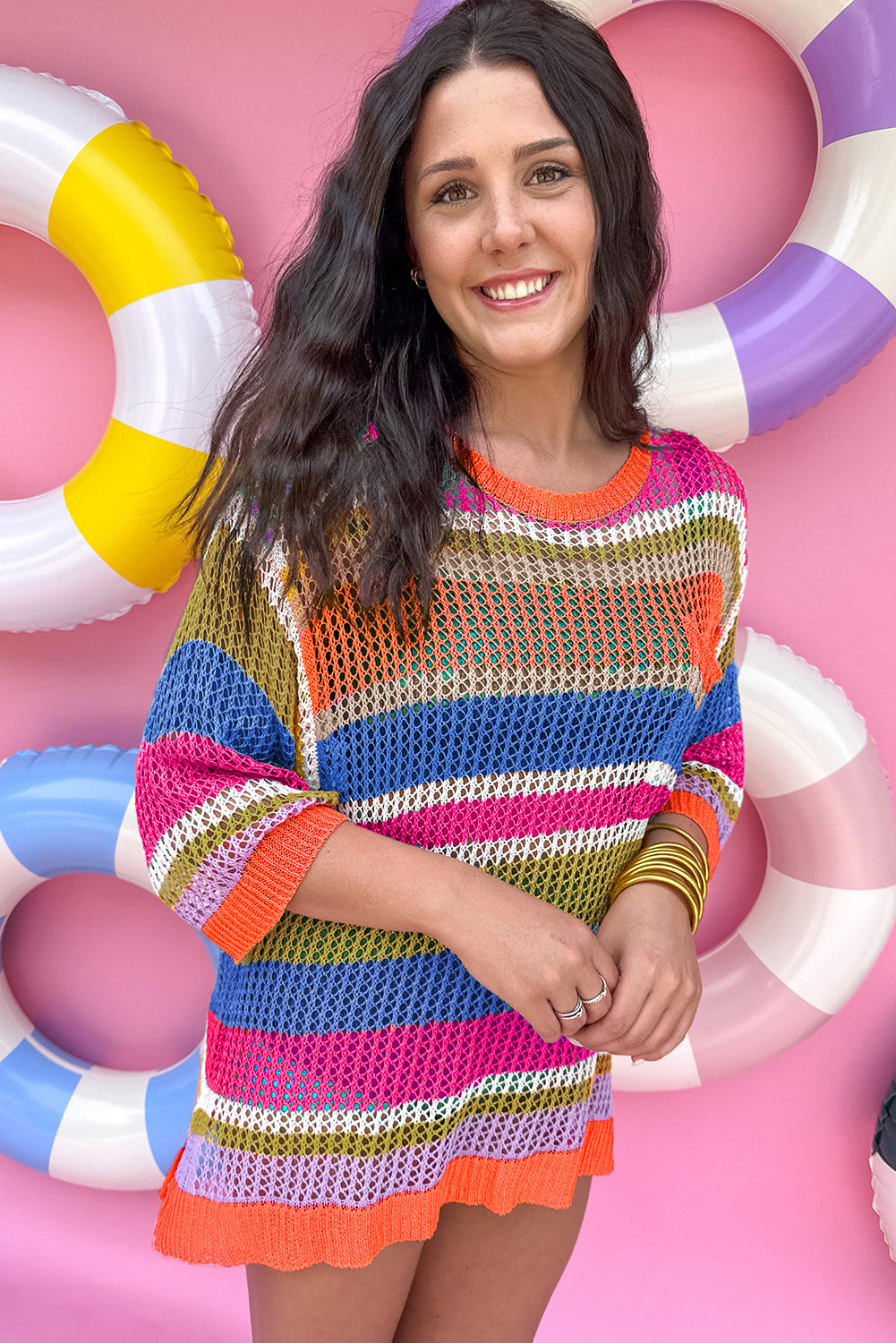 Striped Color Block Hollow Crochet 3/4 Sleeve T Shirt - ThingsWeUseAndLove 