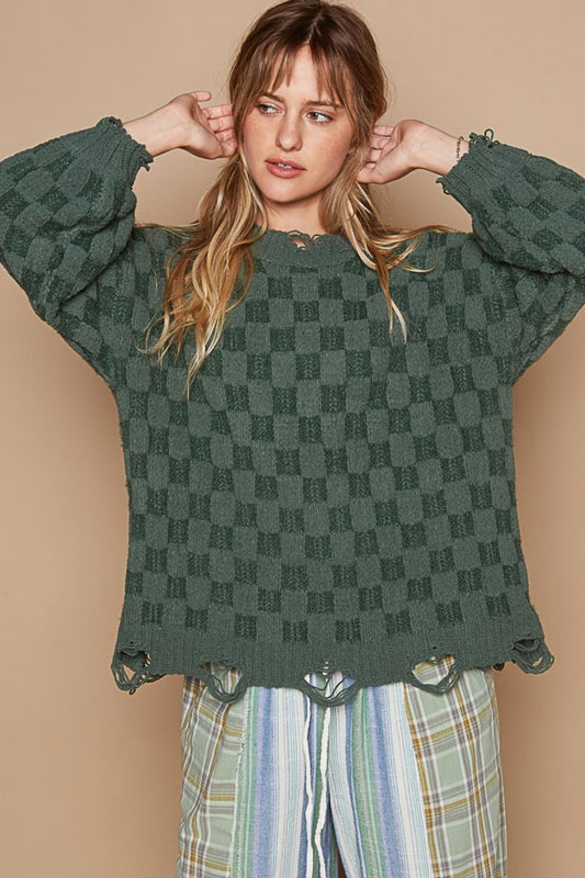 Checkered Distressed Edge Sweater - ThingsWeUseAndLove Forest-Green-L