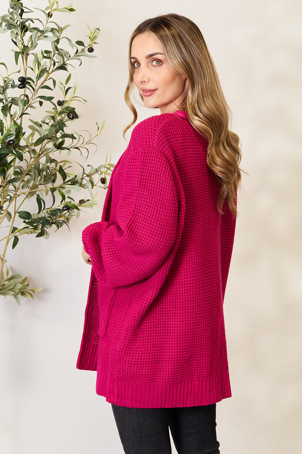 Magenta Waffle-Knit Open Front Cardigan - ThingsWeUseAndLove