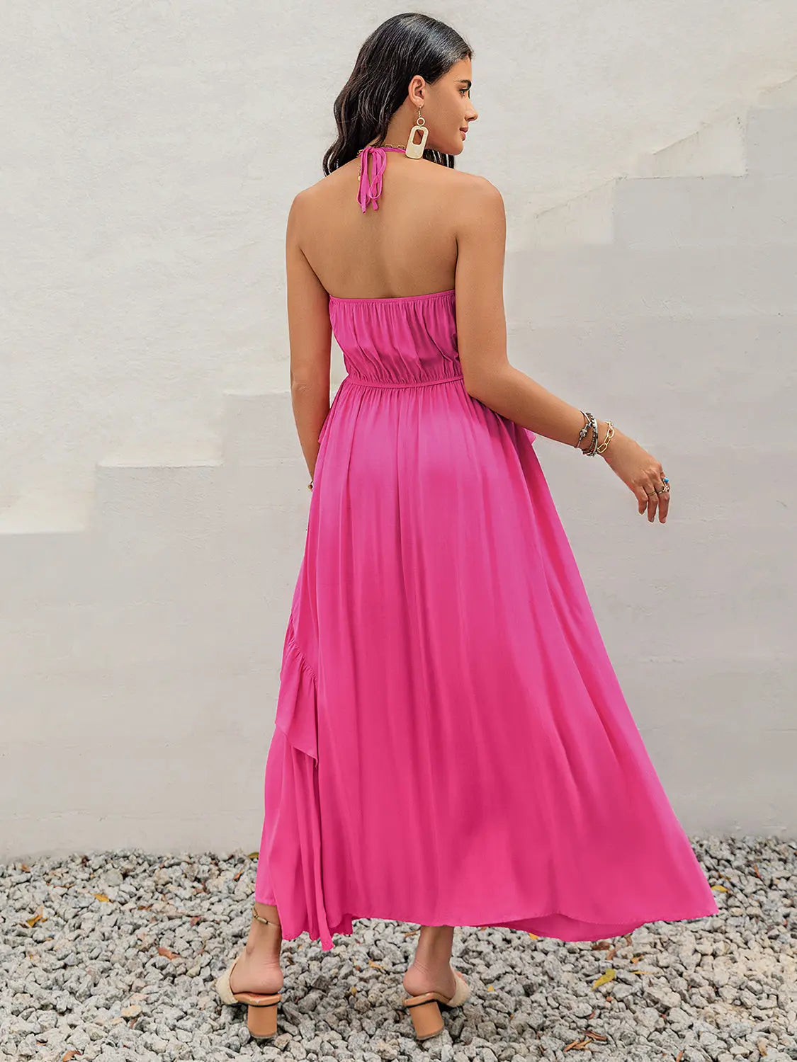 Flora Ruffled Halter Neck Sleeveless Maxi Dress - ThingsWeUseAndLove 