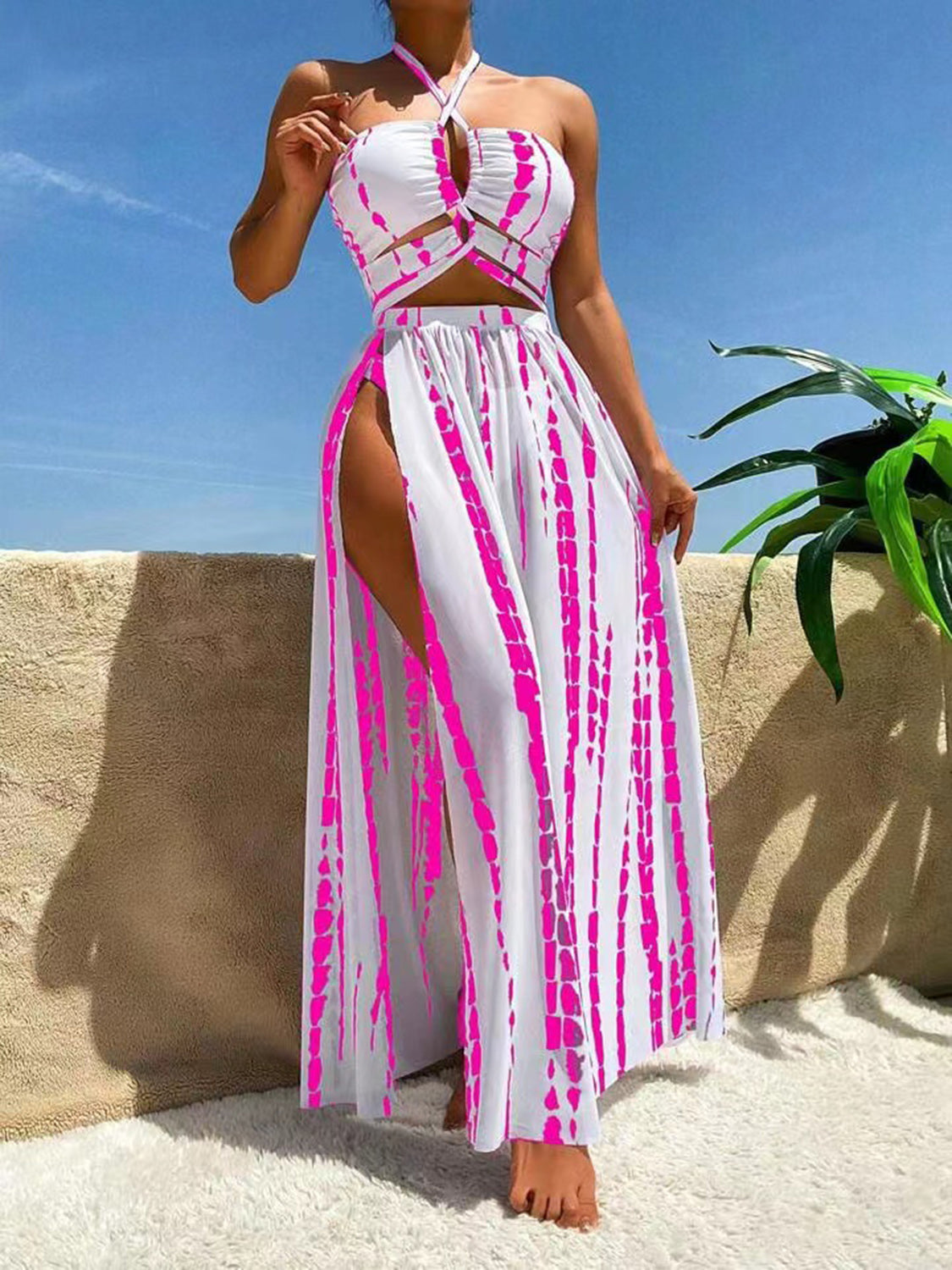 Printed Halter Neck Three-Piece Swim Set - ThingsWeUseAndLove Hot-Pink-XL