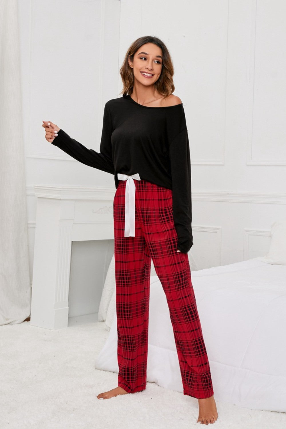 Lace Round Neck Long Sleeve Top and Bow Plaid Pants Lounge Set - ThingsWeUseAndLove 