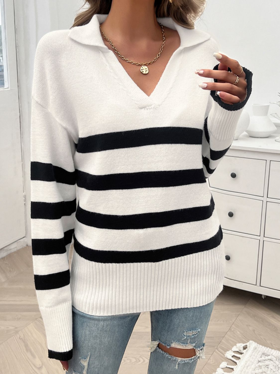 Paityn Collared Neck Long Sleeve Striped Sweater - ThingsWeUseAndLove White-XL