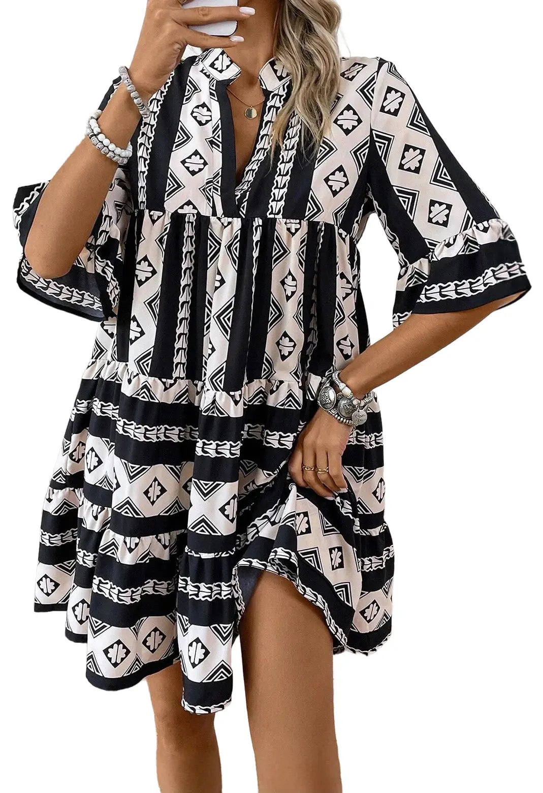 Black Abstract Print Bell Sleeve V Neck Boho Dress - ThingsWeUseAndLove 