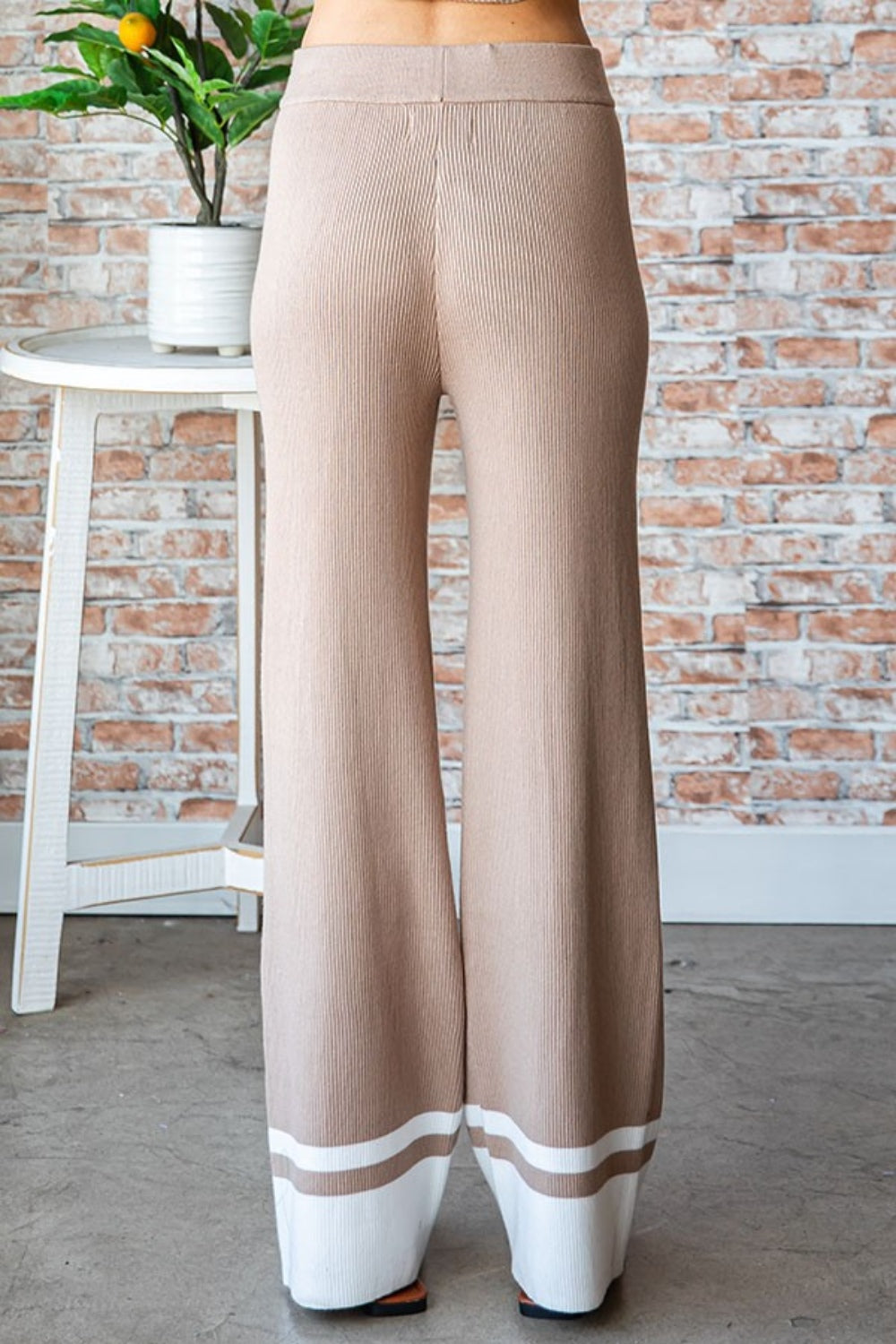 Mochachino Ribbed Knit Pants with White Stripe - ThingsWeUseAndLove 