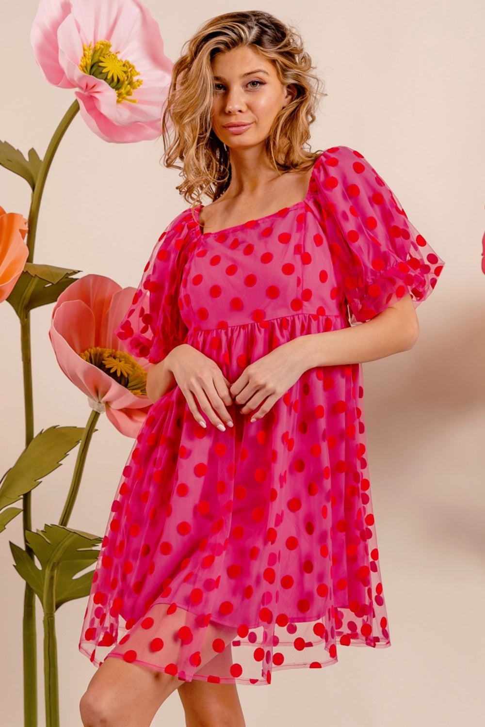 Polka Dot Mesh Puff Sleeve Dress - ThingsWeUseAndLove 