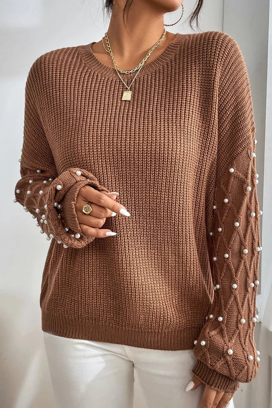 Round Neck Pearl Detail Long Sleeve Chocolate Brown Sweater