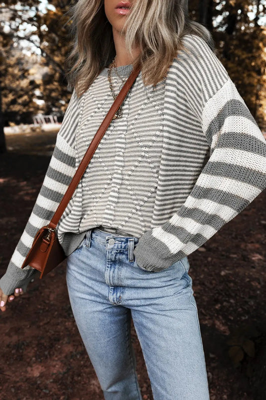 Long Sleeve Striped Round Neck Sweater - ThingsWeUseAndLove 