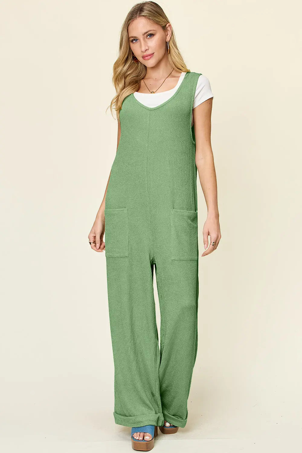 Size-Inclusive Texture Sleeveless Wide Leg Jumpsuit - ThingsWeUseAndLove Light-Green-3XL