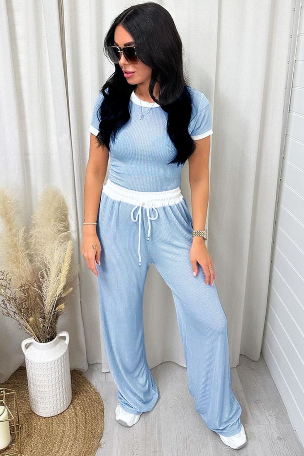 Contrast Trim Round Neck Top and Pants Set - ThingsWeUseAndLove 